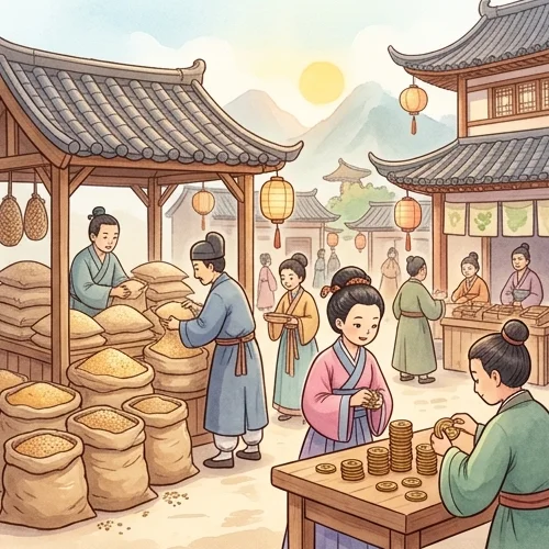 한중일 느낌의 전통 시장에서 곡식과 동전을 세는 사람들