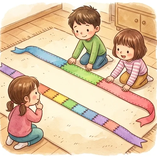 같은 길이의 리본 두 개를 각각 3등분, 9등분해 비교하는 아이들