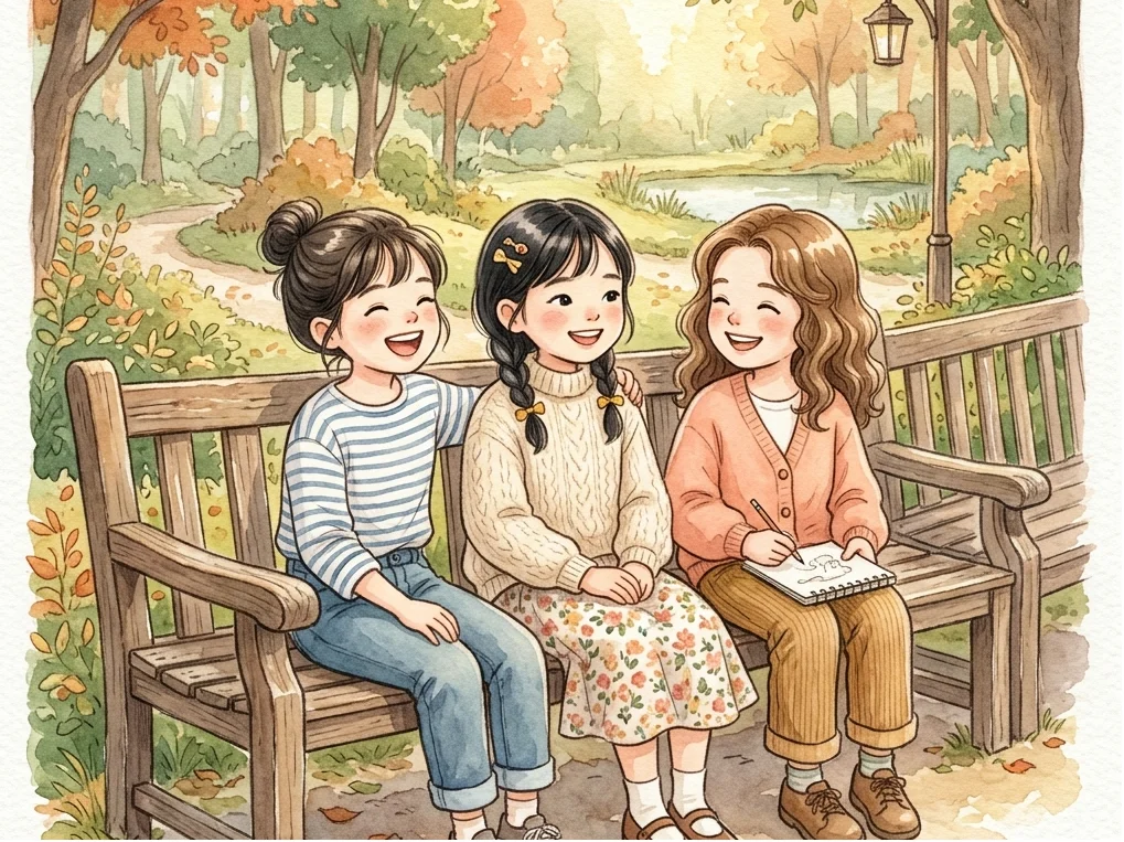 공원에서 나란히 이어붙인 긴 벤치에 친구들과 앉은 아이들