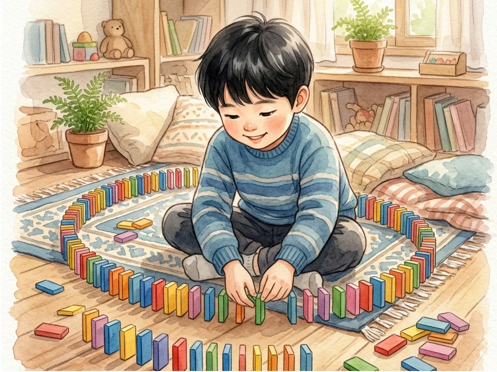 거실 카펫 위에서 도미노 블록을 길게 이어 붙이는 아이