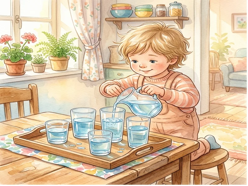 여러 컵에 물을 따라 수평을 맞추는 아이