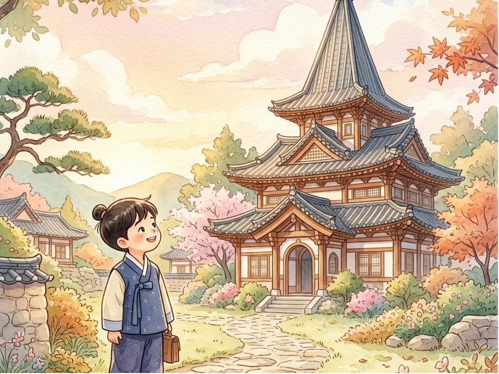 한옥 사찰 앞에서 겹겹이 쌓인 지붕을 올려다보는 아이