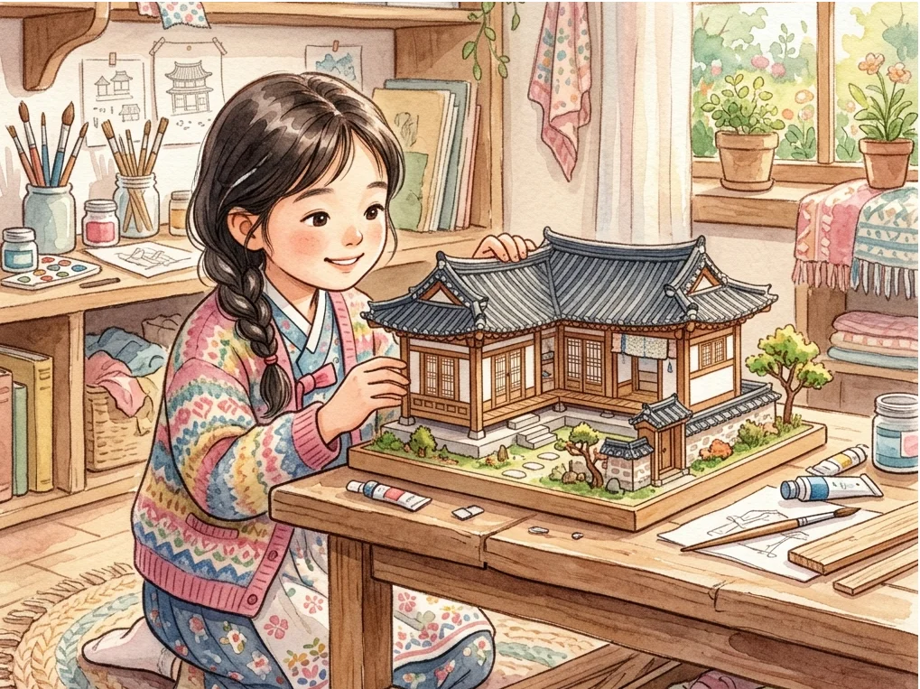 미니어처 한옥 모형을 여러 각도로 살펴보는 아이