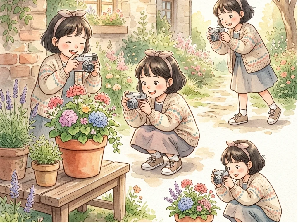 카메라를 들고 이리저리 움직이며 다른 각도로 사진을 찍는 아이들