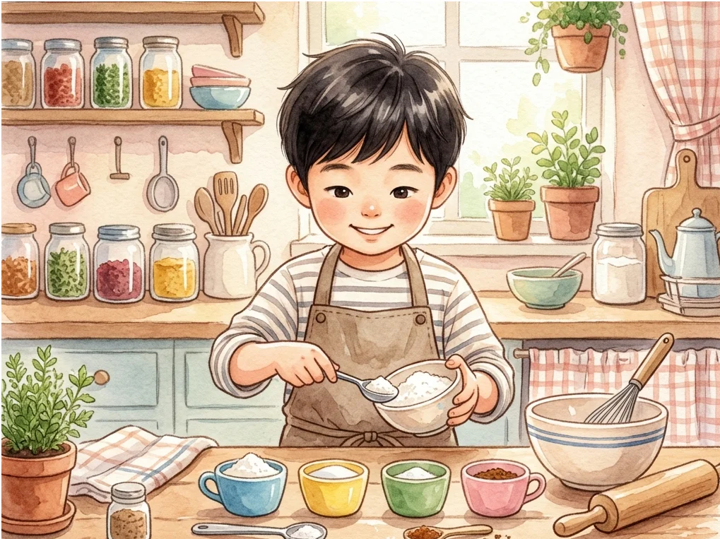 주방에서 레시피 재료를 계량스푼으로 나누어 담는 아이