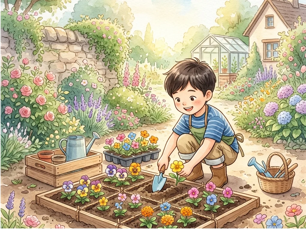 화단을 여러 구역으로 나누어 꽃을 심는 아이
