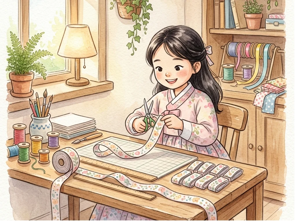 긴 리본을 여러 조각으로 잘라 공예품을 만드는 아이