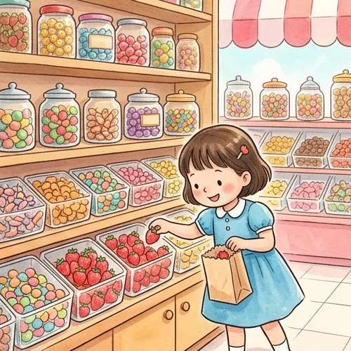 사탕가게에서 딸기맛 사탕을 고르는 아이