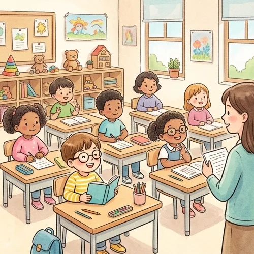 교실에서 선생님이 학생들을 보고 있는 장면