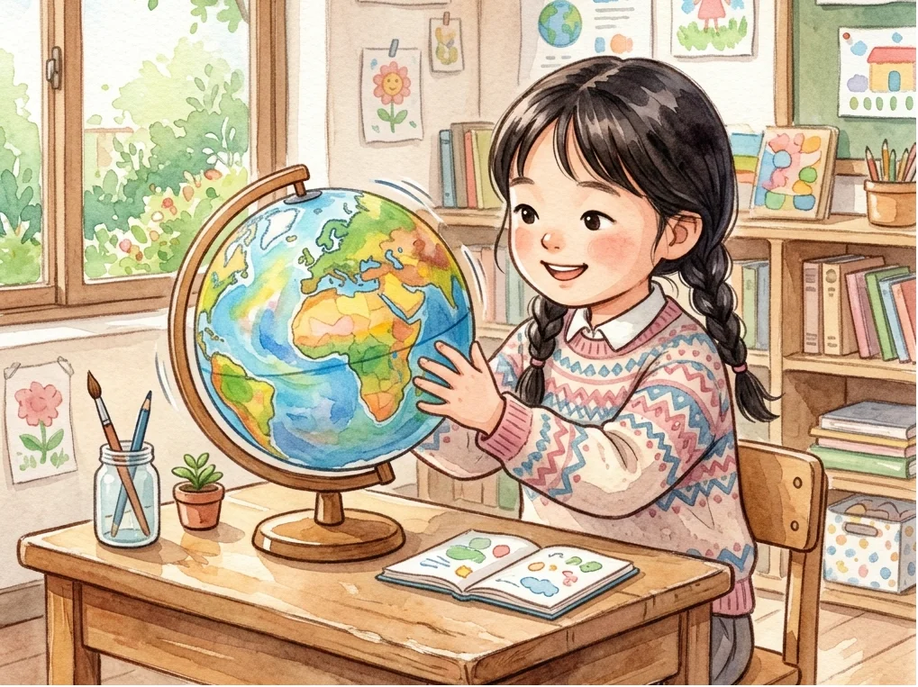 교실에 놓인 둥근 지구본을 돌려보는 아이