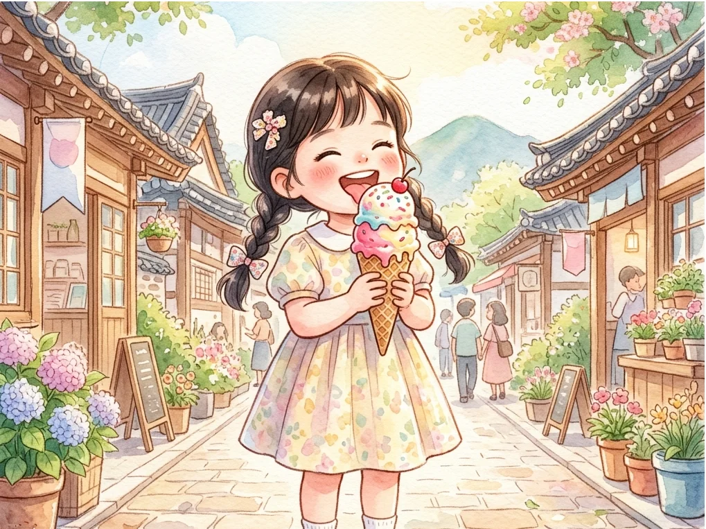 거리에서 아이스크림 콘을 맛있게 먹는 아이