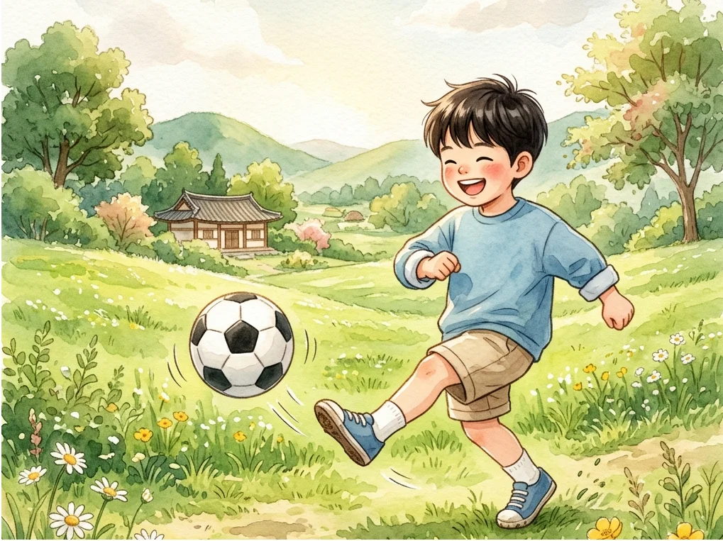 들판에서 축구공을 가지고 노는 아이