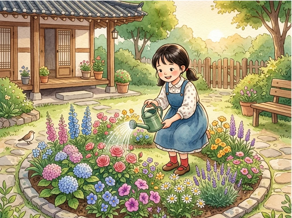 한옥 마당에서 동그란 꽃밭에 물을 주는 아이