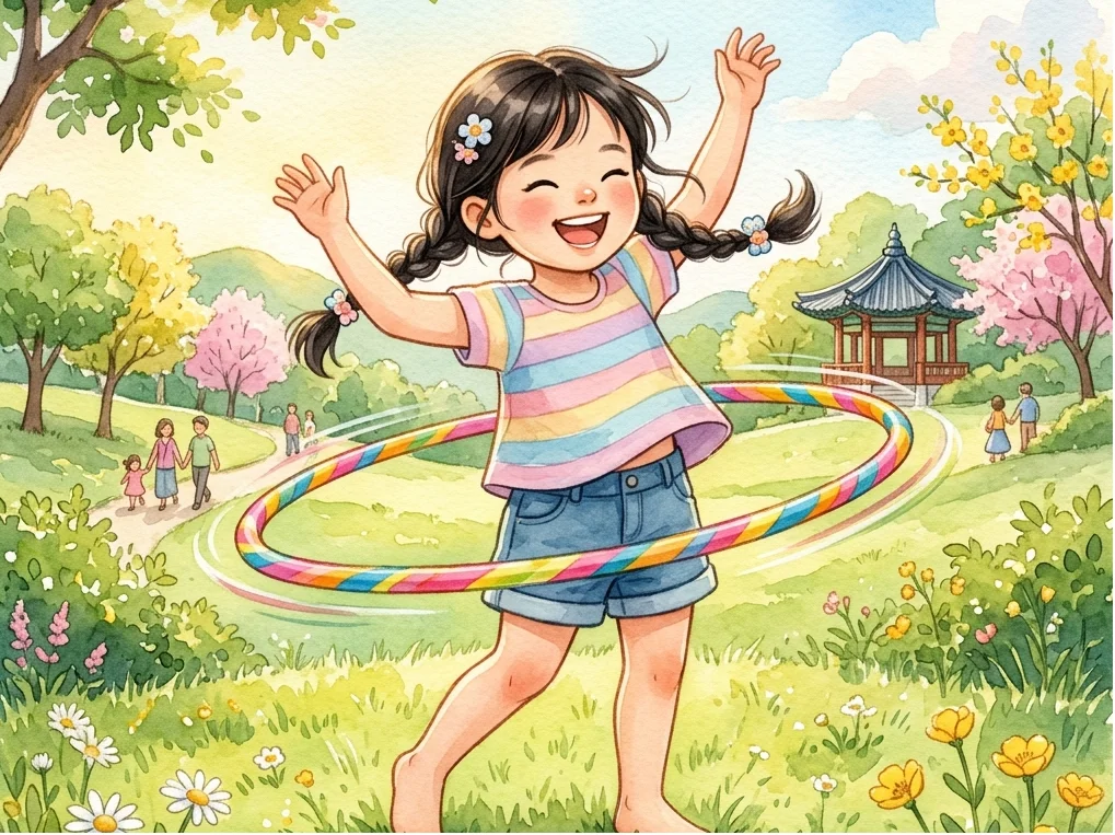 공원에서 훌라후프를 돌리며 노는 아이